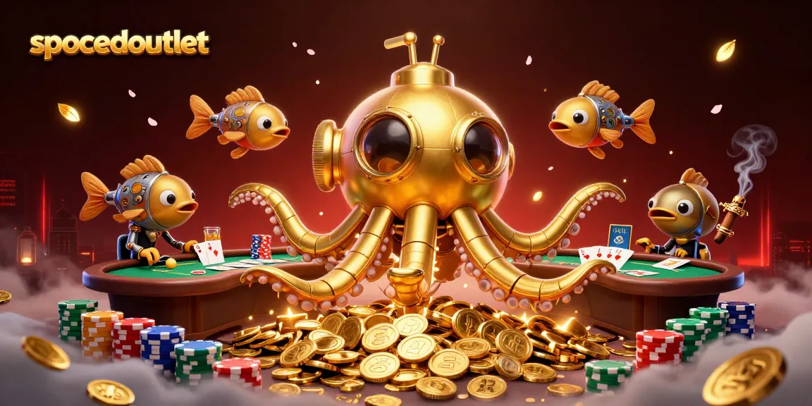Spacedoutlet menyajikan ilustrasi 3D menarik dengan karakter kraken emas di lautan koin, menciptakan suasana kasino yang seru.