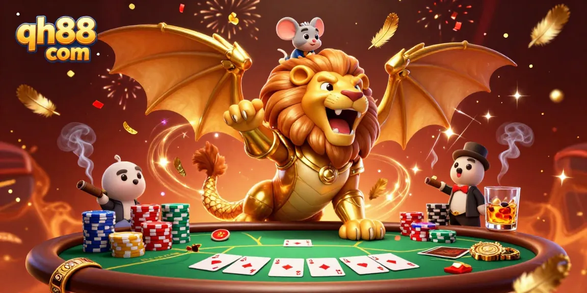 Experience thrilling gameplay at qh88 com with a roaring chimera and poker scene, featuring vibrant casino elements.