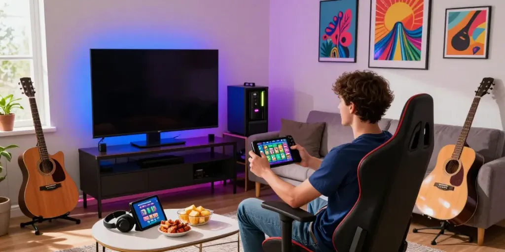 Enthusiast playing video games with acoustic guitars, vibrant decor, and engaging slot game on screen at shredguitaronline.com.