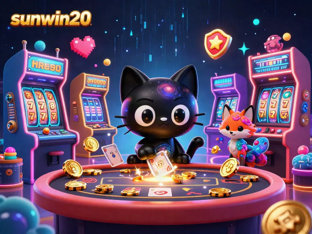 Play exciting games and win at sunwin20, illustrated with cosmic casino characters and vibrant elements.