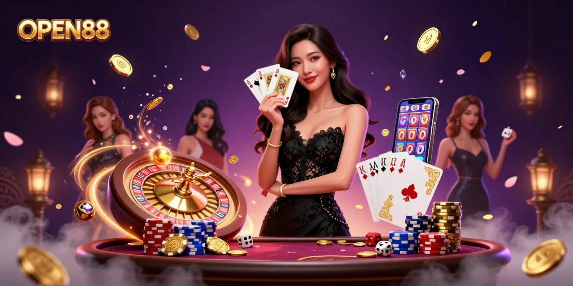 Join the exciting world of OPEN88 with a stylish Asian woman showcasing her gaming prowess at a lavish casino.