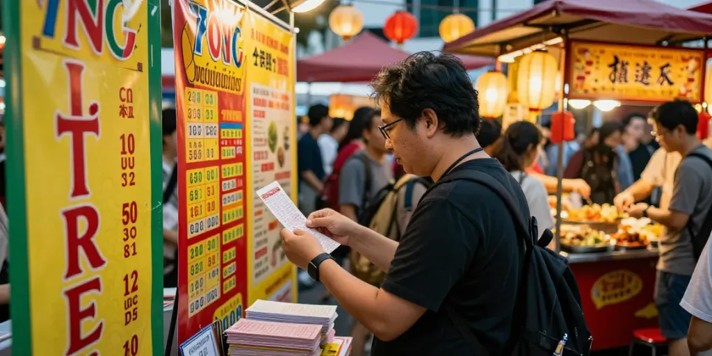 Suasana lotere toto togel di Singapura dengan keramaian dan makanan lokal di latar belakang.