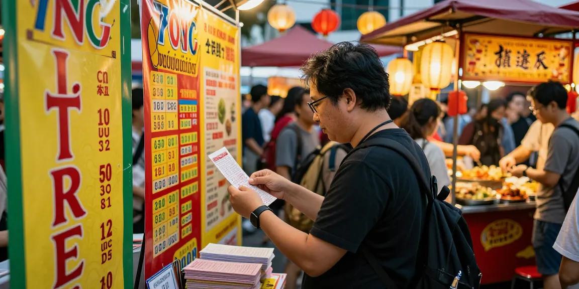 Suasana lotere toto togel di Singapura dengan keramaian dan makanan lokal di latar belakang.