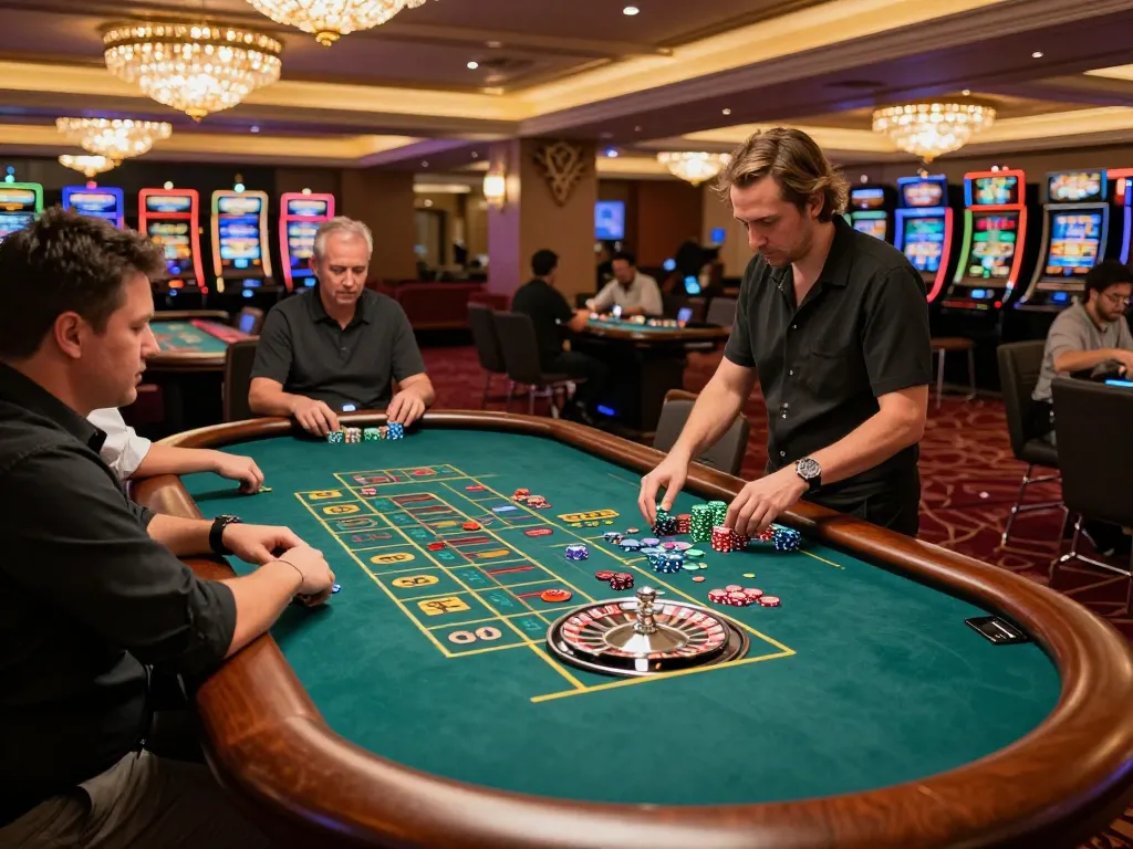 IDCASH88 players excitedly placing bets at roulette table in upscale casino atmosphere