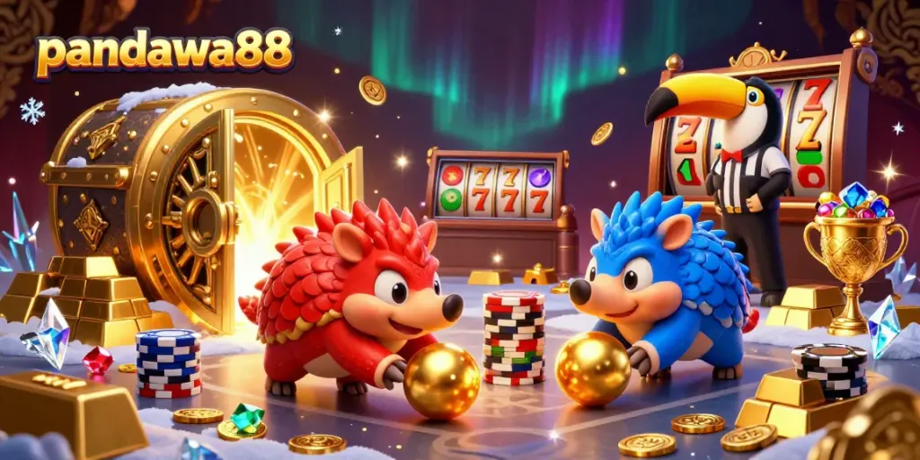 Permainan slot yang menegangkan di pandawa88 dengan pangolin bersaing dan harta karun berkilauan.