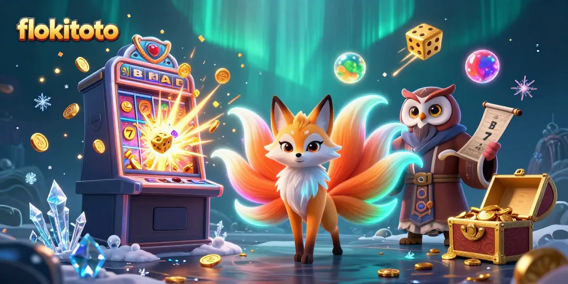Experience the vibrant fun of flokitoto with a colorful digital 3D illustration featuring a jackpot slot machine and mystical characters.