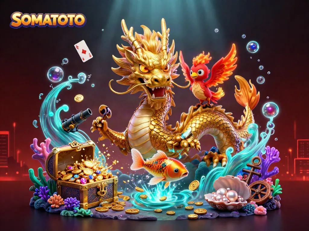 Experience excitement and winning thrills with SOMATOTO's exhilarating online gaming atmosphere featuring dragons, phoenixes, and koi fish.