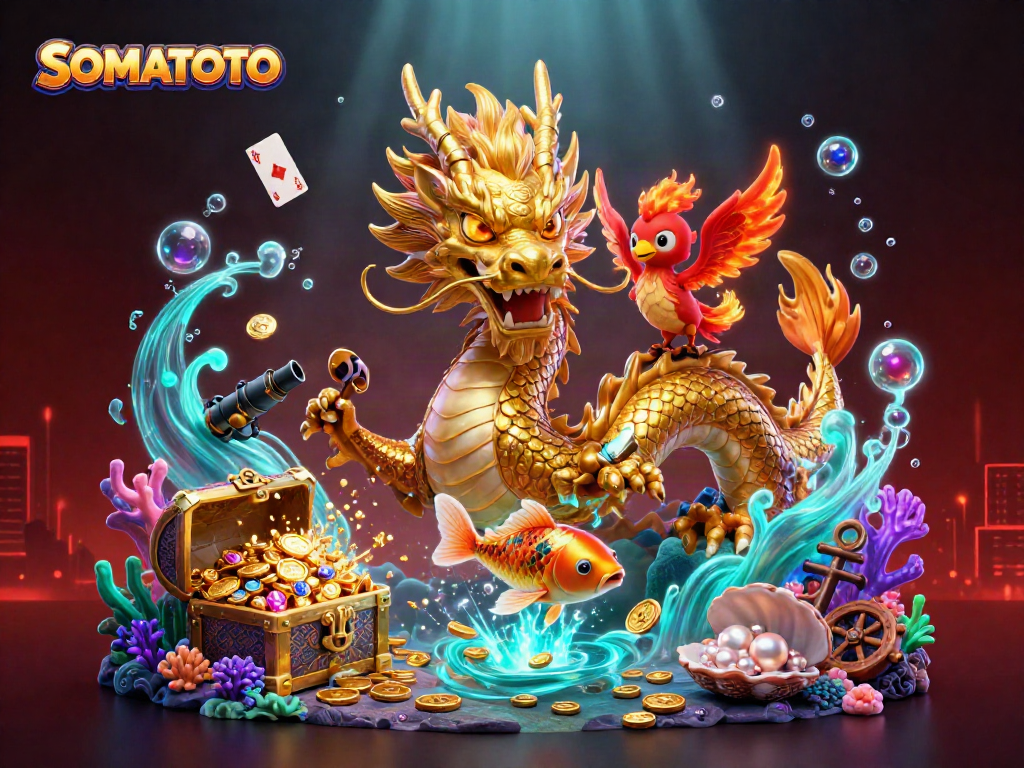 Experience excitement and winning thrills with SOMATOTO's exhilarating online gaming atmosphere featuring dragons, phoenixes, and koi fish.