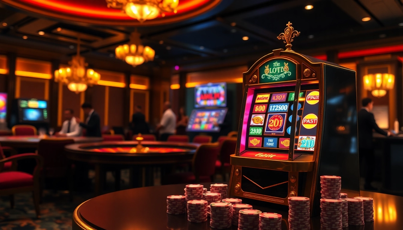Exciting casino scene showcasing a slot demo machine, roulette table, and poker chips for immersive gambling experience.