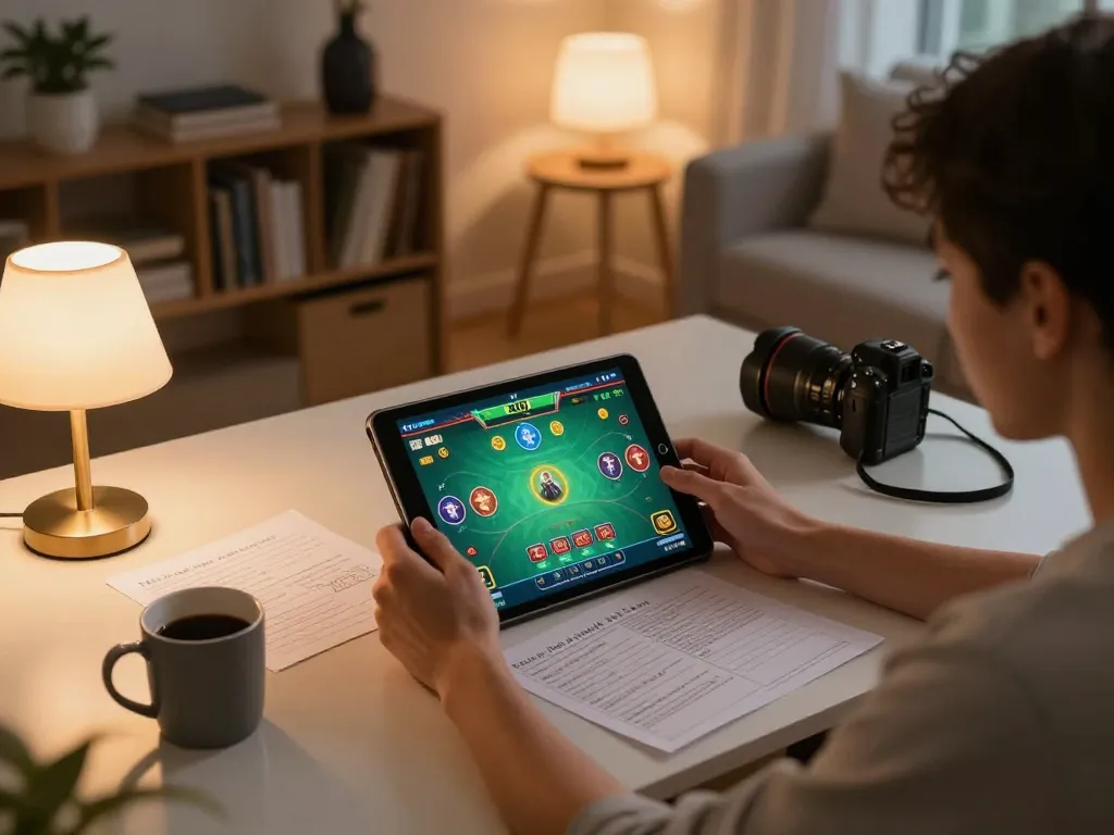 Engaging in tài xỉu online gameplay on a tablet in a cozy home setting, showcasing strategic notes and a warm atmosphere.