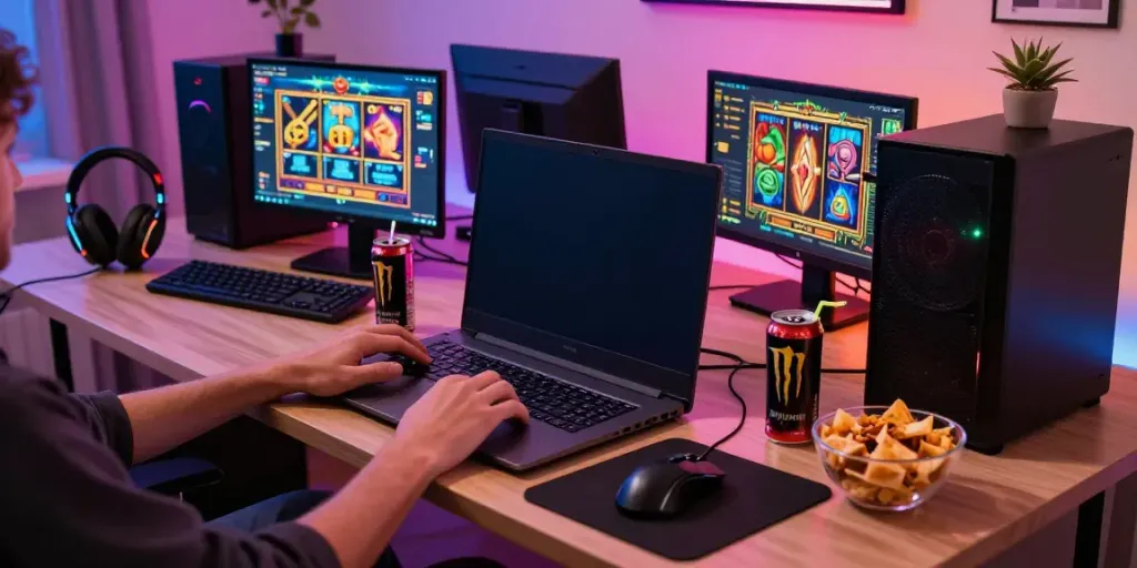 ASLOTRE: Pemain slot online di meja modern dengan perangkat gaming menarik.