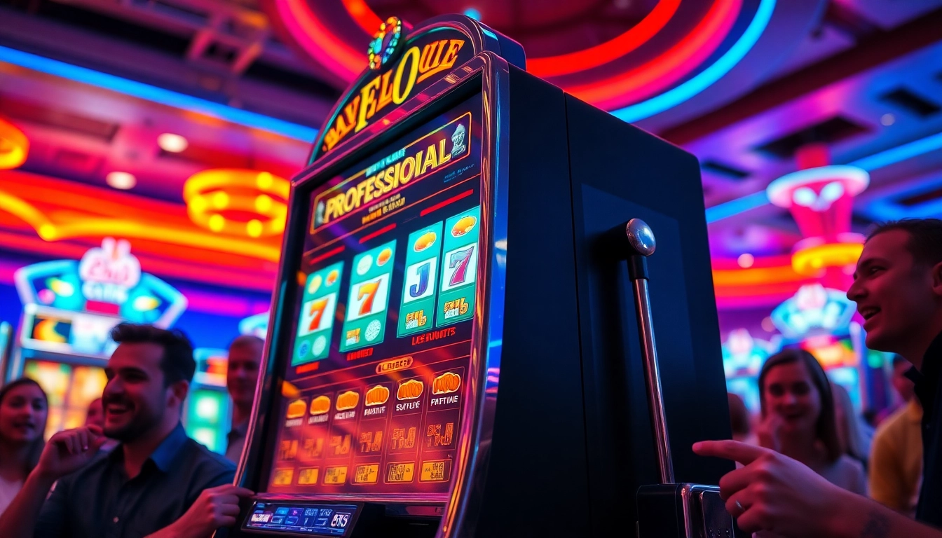Mesin slot yang menarik perhatian di kasino, menarik pemain dengan desain yang cerah dan menarik.