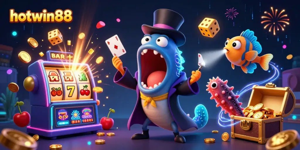 Experience thrilling wins with hotwin88 in this captivating 3D casino illustration showcasing unique characters and casino elements.