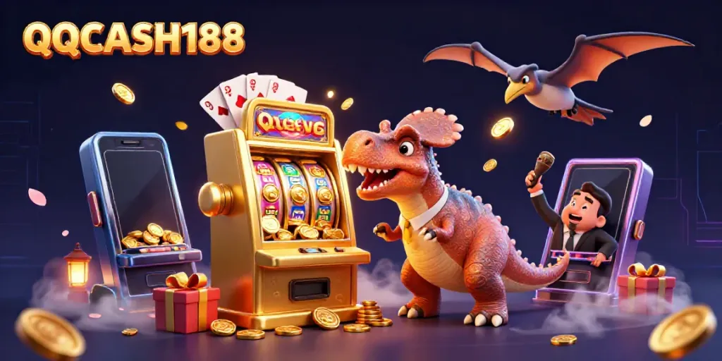 Experience the thrill of QQCASH188 with a pachycephalosaurus and an ankylosaur in a vibrant casino scene.