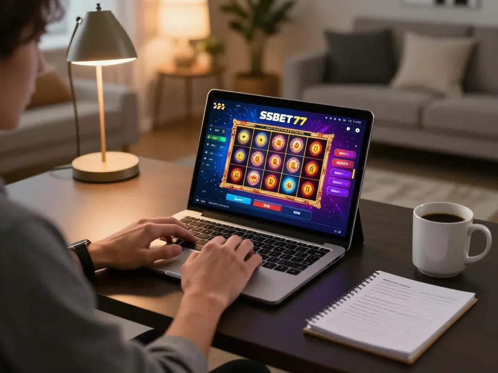 Engaging in exciting SSBET77 slot games on a tablet at a stylish home setup.