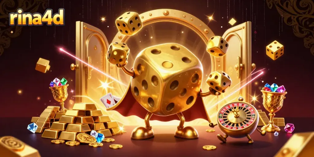 Experience the thrill of rina4d with a dazzling 3D digital casino scene featuring golden dice and treasure.