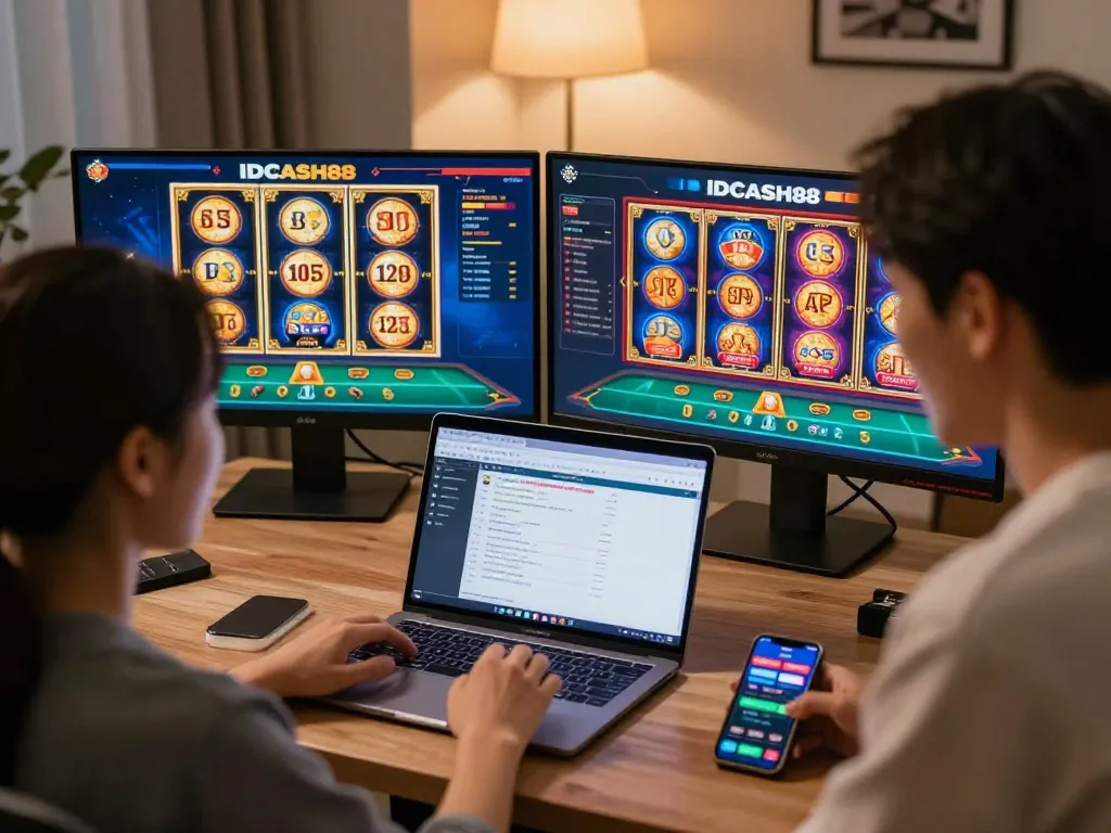 IDCASH88 platform showcased on dual screens in a cozy home office, illustrating online gaming engagement.