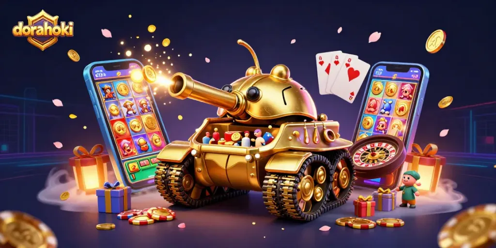Bermain dorahoki dengan tank emas yang membuka mini kasino penuh koin dan permainan menarik.
