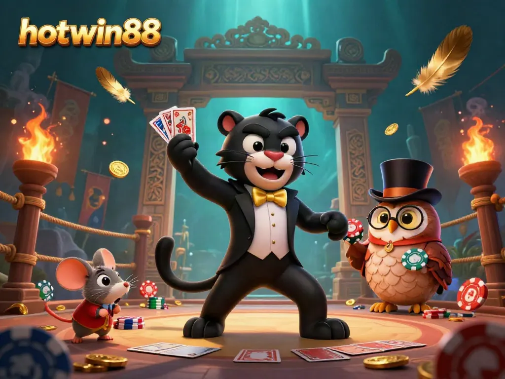 Engage with hotwin88's thrilling casino scene displaying a black panther dealer and charming owl amidst gold coins and vibrant game elements.