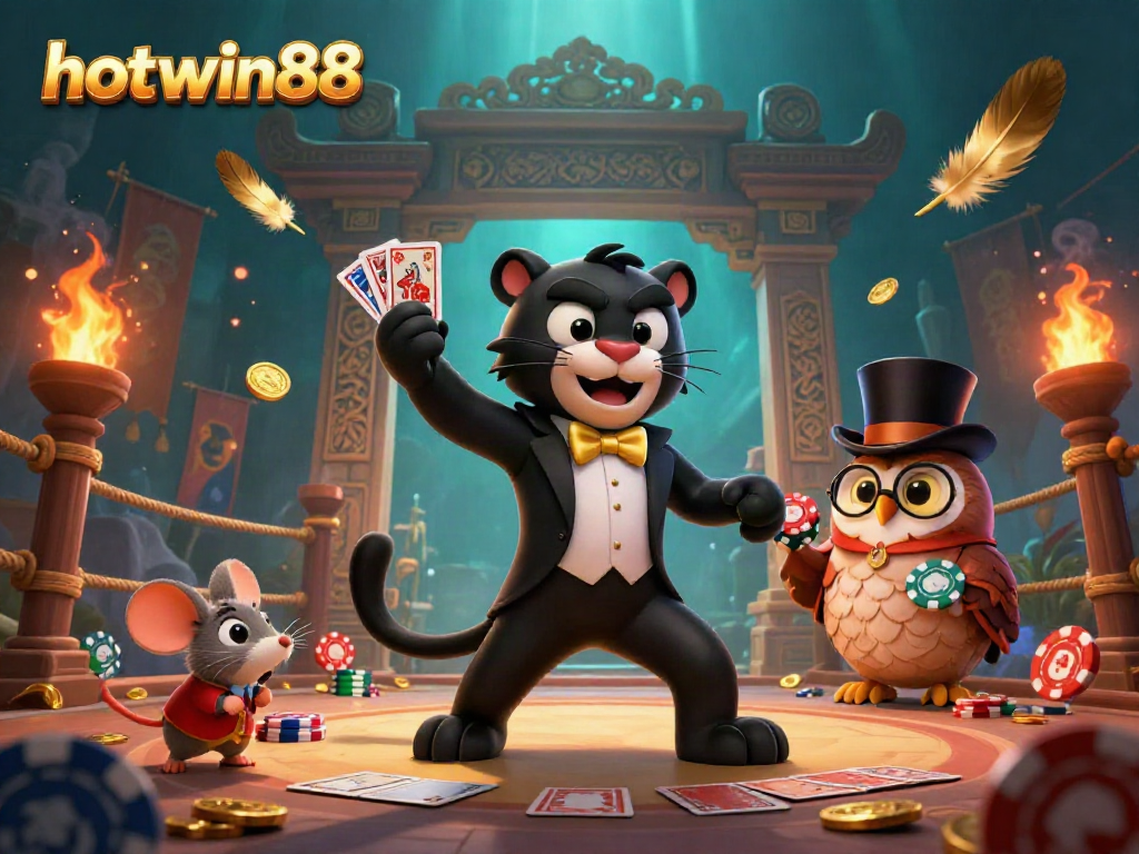 Engage with hotwin88's thrilling casino scene displaying a black panther dealer and charming owl amidst gold coins and vibrant game elements.