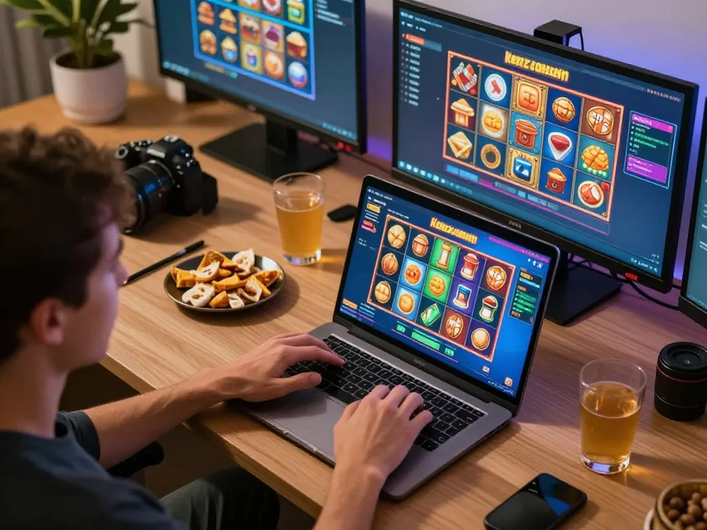Engaged player enjoying kenzobet slot online in a cozy home setting with vibrant game interface.