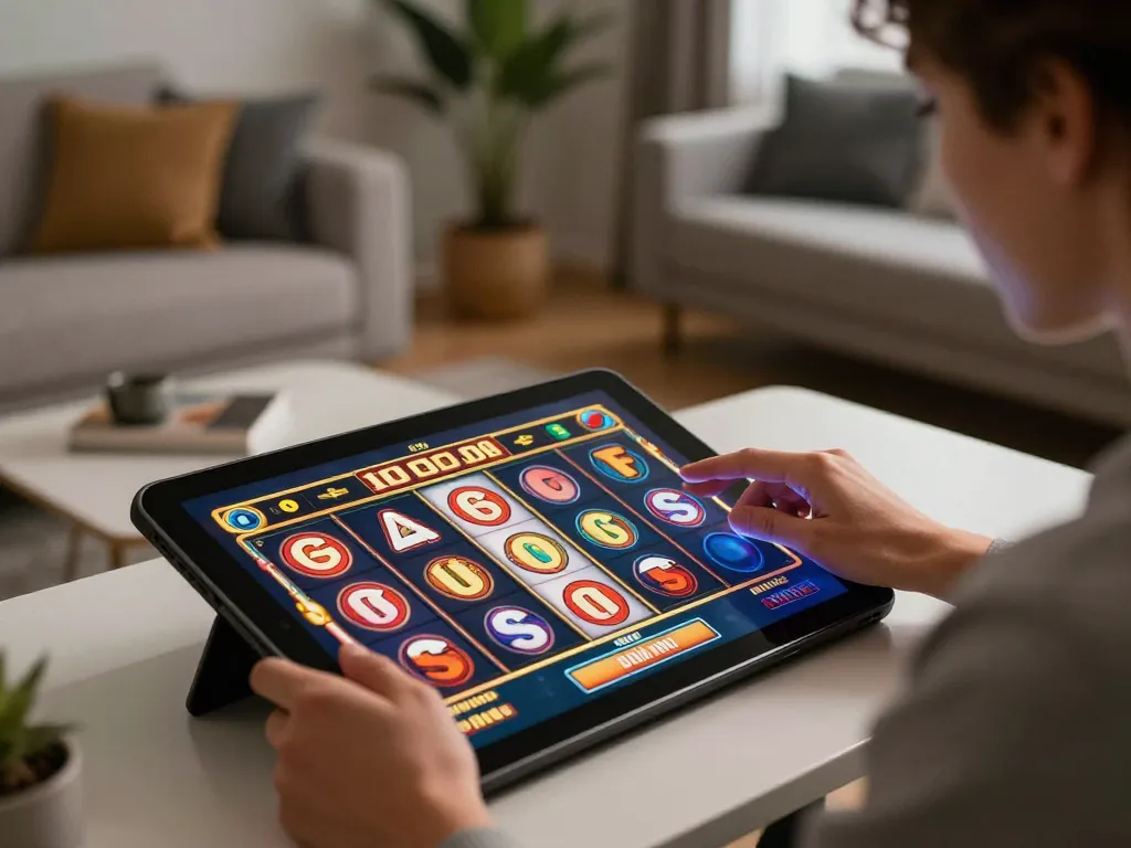 Experience thrilling gameplay with LGOSUPER while spinning colorful slot reels on a tablet in a cozy home setting.