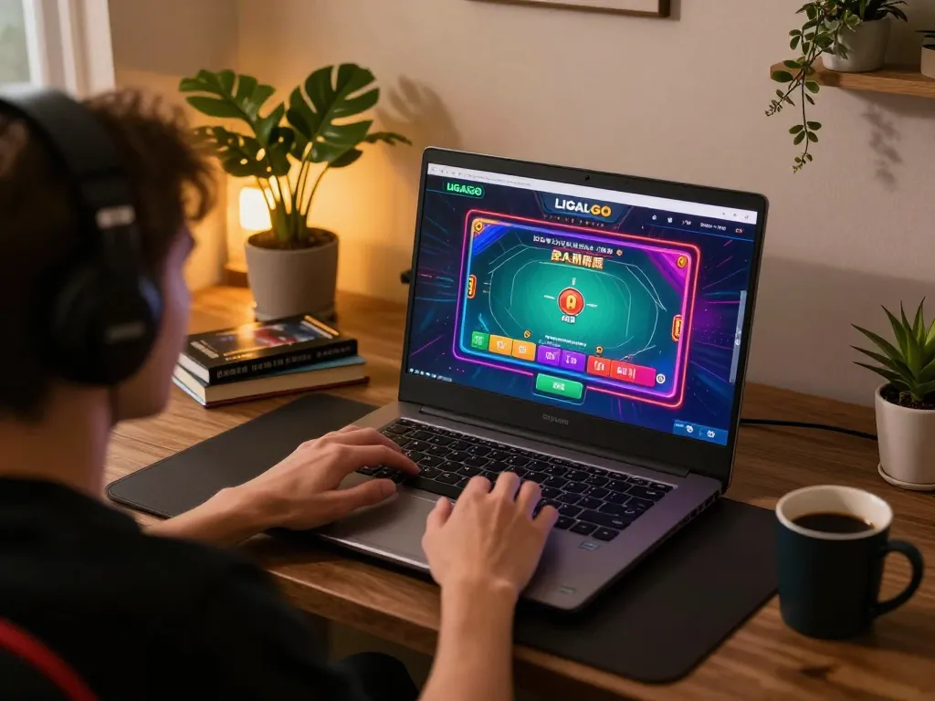LIGALGO user enjoying an online poker game on a cozy laptop setup in warm lighting