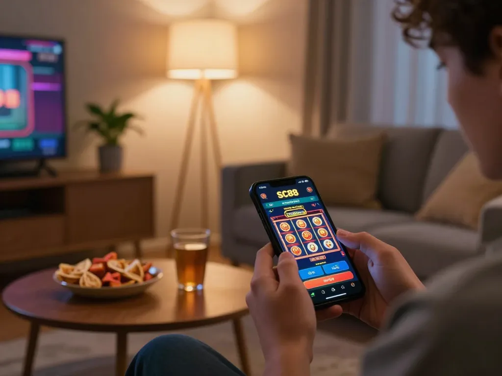 The user enjoys the SC88 casino app while sitting comfortably, showcasing mobile gaming dynamics.