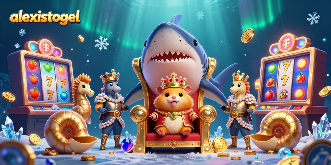 Permainan slot kasino yang menyenangkan dengan hamster raja yang diapit oleh pengawal kuda laut dan elemen fantastis lainnya, merepresentasikan alexistogel.