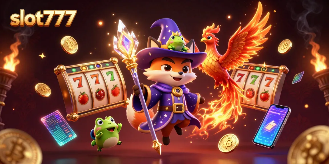 Win big with slot777 in an enchanting 3D scene featuring a mystical wizard and vibrant slot symbols.