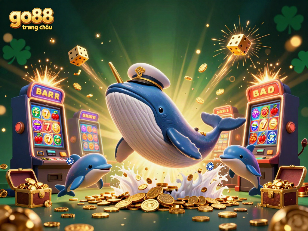 Experience excitement at go88 trang chủ with a vibrant 3D illustration of a whale, narwhal, and dolphins playing in a sea of coins and casino elements.