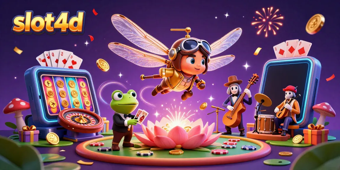 Experience excitement with slot4d as a dragonfly pilot oversees a lively casino scene, showcasing vibrant games.