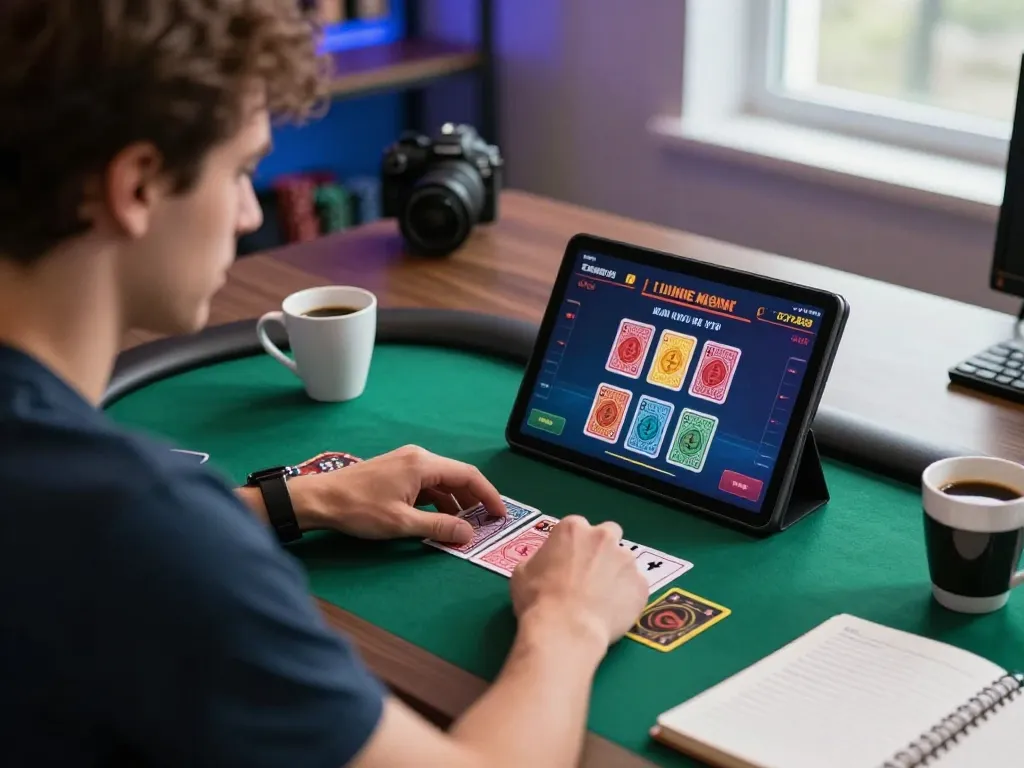 Nego77 player enjoying live dealer blackjack on a tablet in a cozy home office setup, emphasizing strategy and engagement.