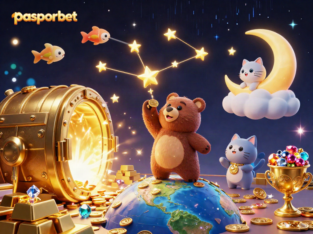 Menggali kemenangan dengan Pasporbet, karakter kartun 3D penuh warna mempromosikan pengalaman bermain kasino online.