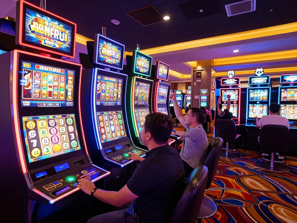 Players celebrating a win on RR99 slot machines in a vibrant casino atmosphere.