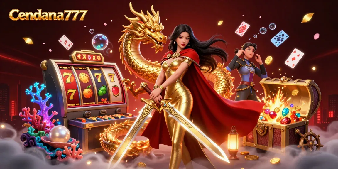 Cendana777 offers thrilling slot adventures with a warrior queen and golden dragon, surrounded by treasures and glowing elements.
