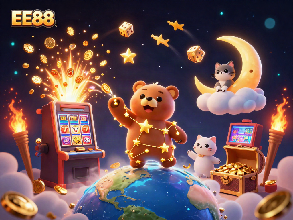 Spin the reels and win big at EE88 with a vibrant 3D casino scene featuring golden stars, coins, and dynamic game elements.
