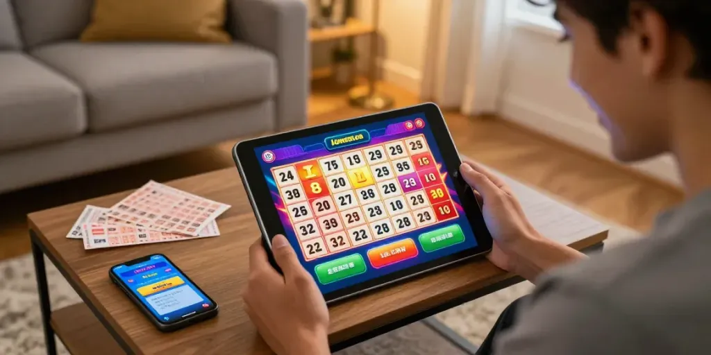Pengguna aktif skintoto saat bermain togel online dengan tablet di ruang tamu.