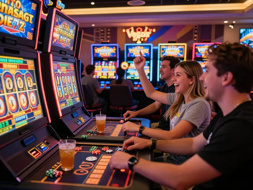 Exciting gameplay experience at vegasslot77 online casino with players celebrating wins amid vibrant slot machines.