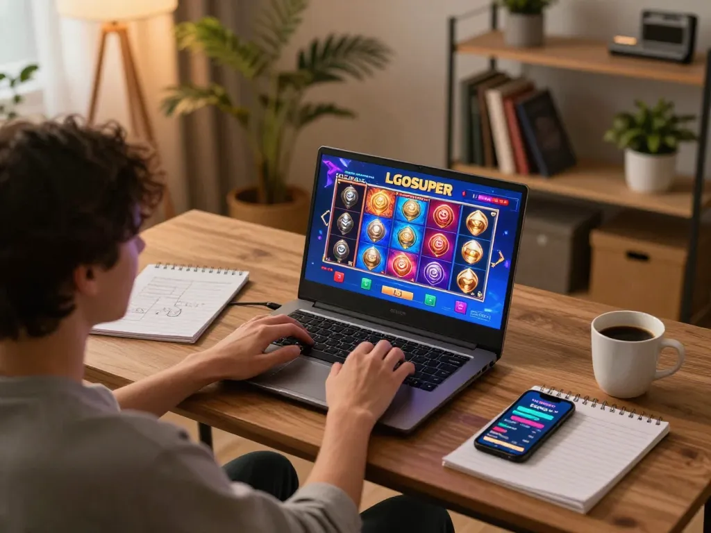 Engaging player focusing on LGOSUPER slot game on laptop in a cozy home gaming setup.