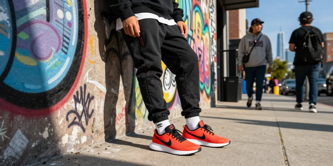 Model mengenakan sneaker Nike x NOCTA Glide "Bright Crimson" di latar belakang seni jalanan, menampilkan gaya urban yang penuh warna.