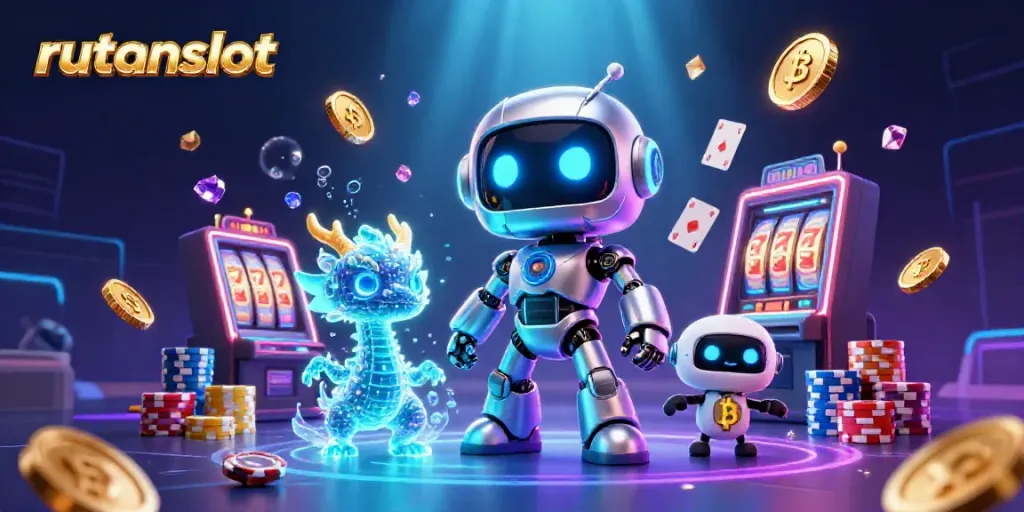 Rasakan sensasi bermain di rutanslot dengan robot cyberpunk dan simbol bitcoin dalam ilustrasi 3D menarik.