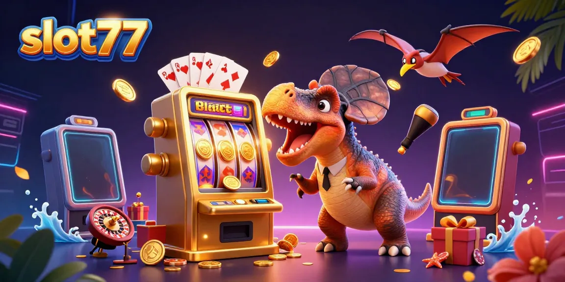Menemui jackpot slot77, dinosaurus lucu mengguncang mesin slot di dalam kasino.