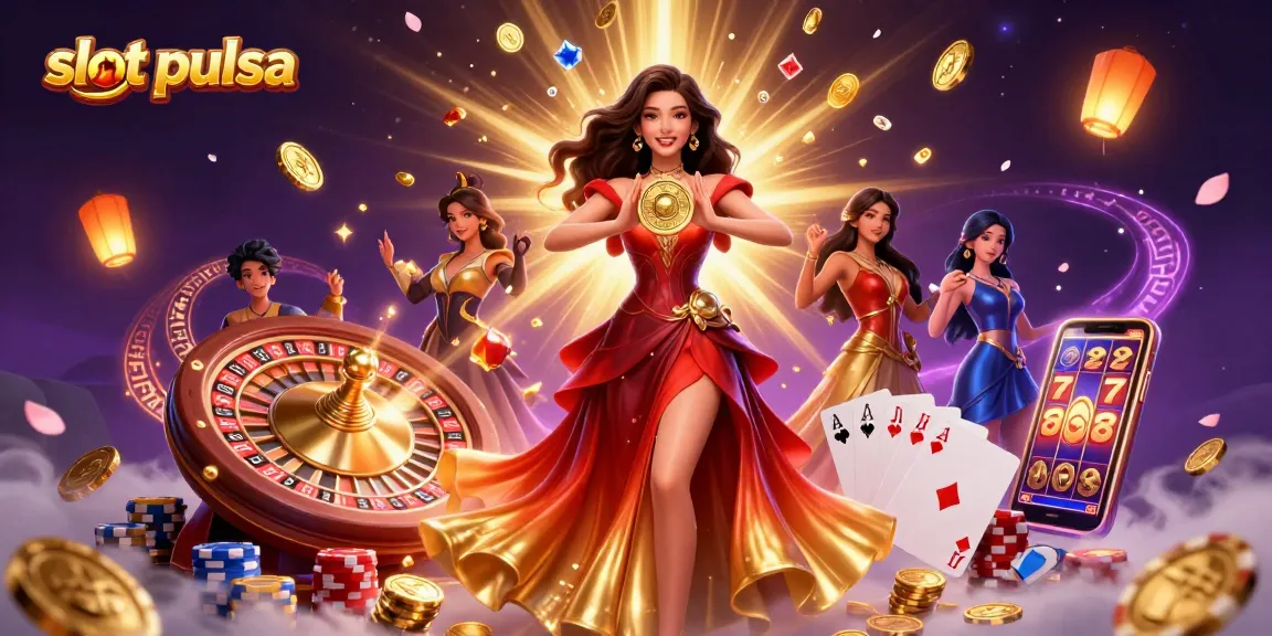 Experience the thrill of slot pulsa gaming as our stunning character showcases golden coins and exciting slot features.
