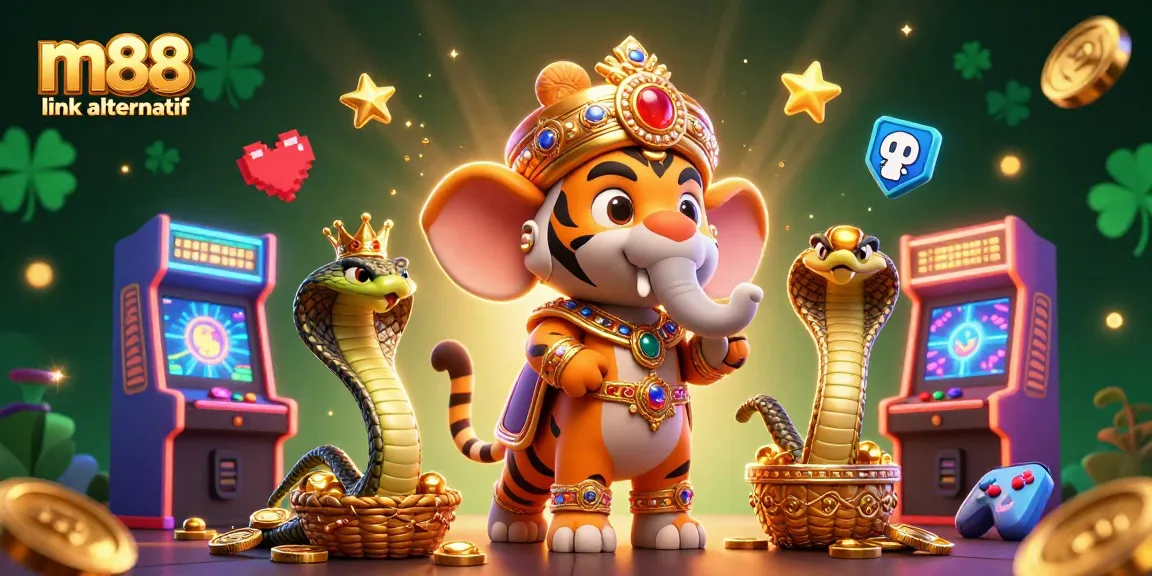 Experience the thrill of betting with M88 link alternatif, as a tiger maharaja rides an elephant amidst colorful casino elements.