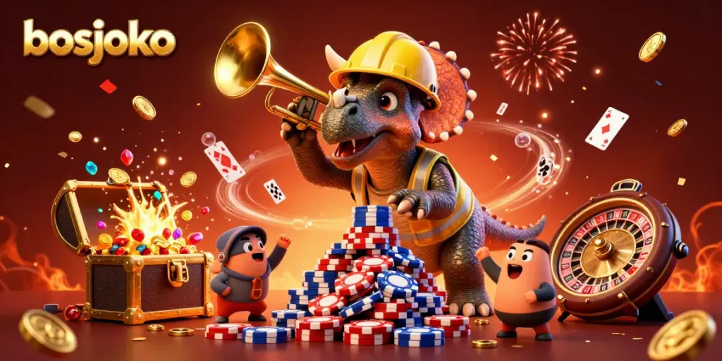 Experience the excitement of bosjoko with a dynamic casino scene filled with cheering dinosaurs and vibrant game elements.