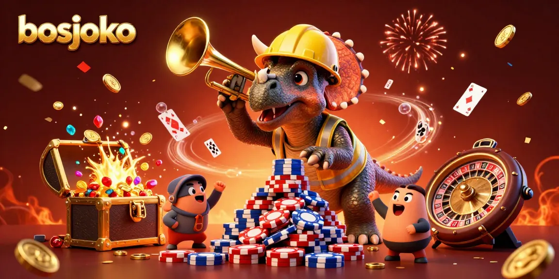 Experience the excitement of bosjoko with a dynamic casino scene filled with cheering dinosaurs and vibrant game elements.