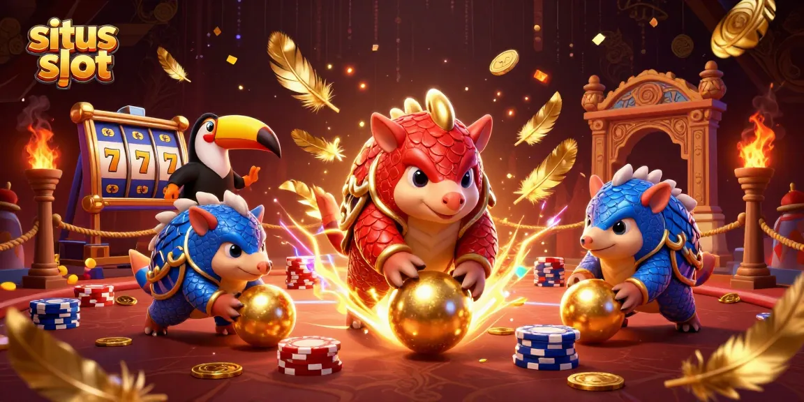 Engage in situs slot excitement with rival pangolins in armor rolling golden balls amid poker chips.