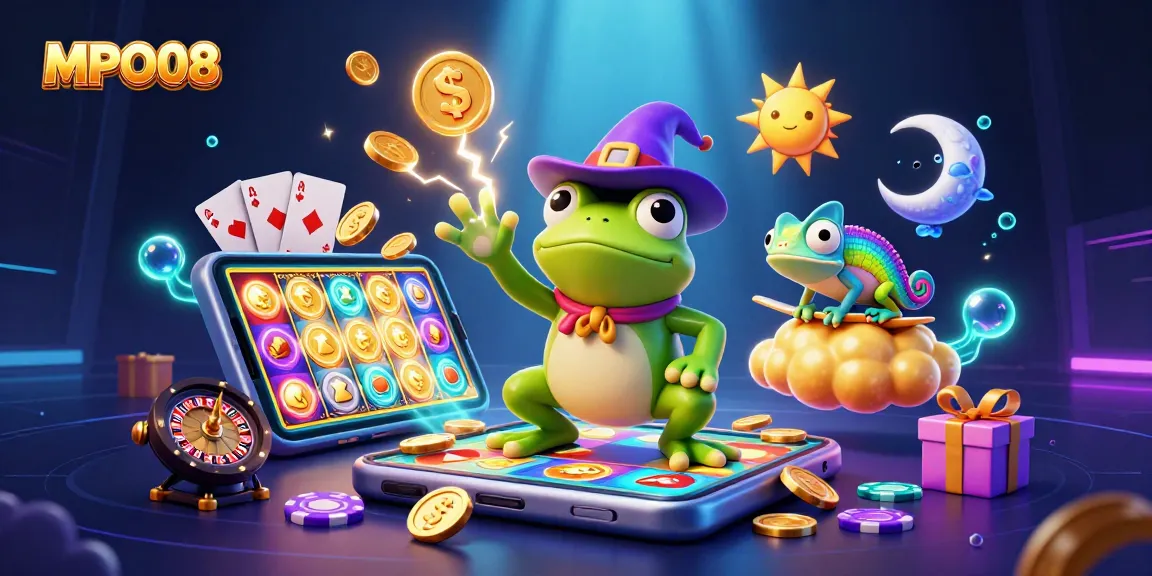 Experience the excitement of MPO08 as the wizard frog conjures a storm of coins in this vibrant casino scene.