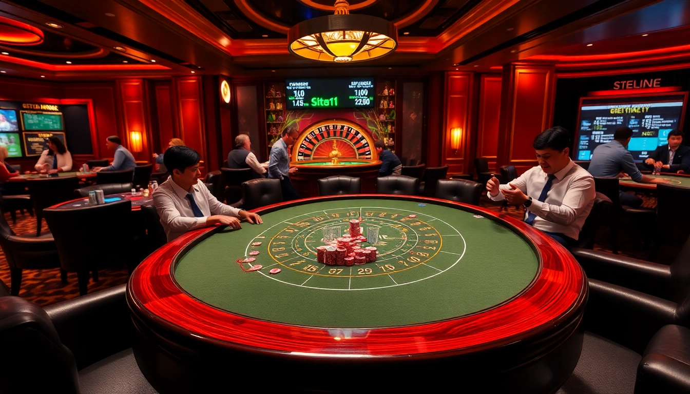 Experience thrilling gameplay at situs11 with a vibrant casino scene featuring a blackjack table, roulette wheel, and enthusiastic players.